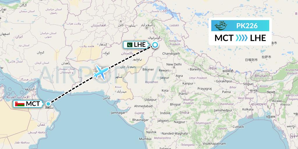 PK226 Pakistan International Airlines Flight Map: Muscat to Lahore