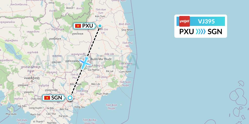 VJ395 VietJet Air Flight Map: Pleiku to Ho Chi Minh City