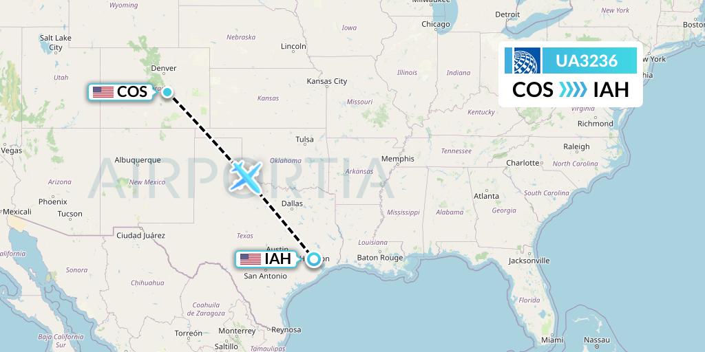 UA3236 United Airlines Flight Map: Colorado Springs to Houston