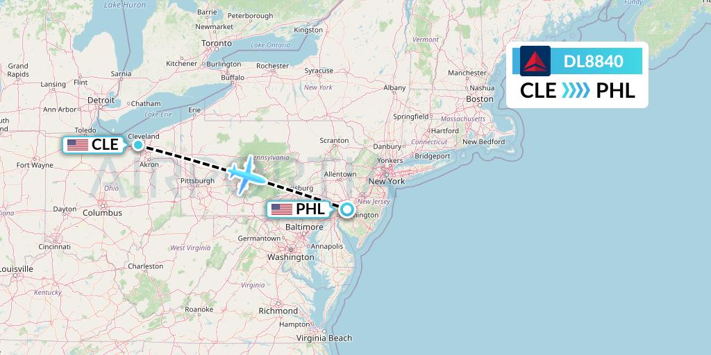 DL8840 Delta Air Lines Flight Map: Cleveland to Philadelphia