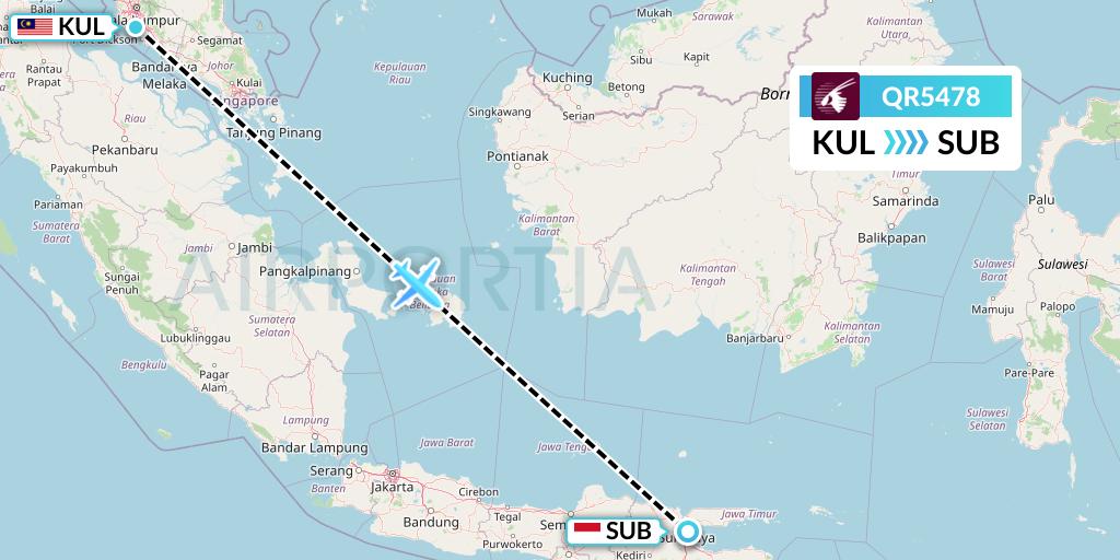 QR5478 Qatar Airways Flight Map: Kuala Lumpur to Surabaya