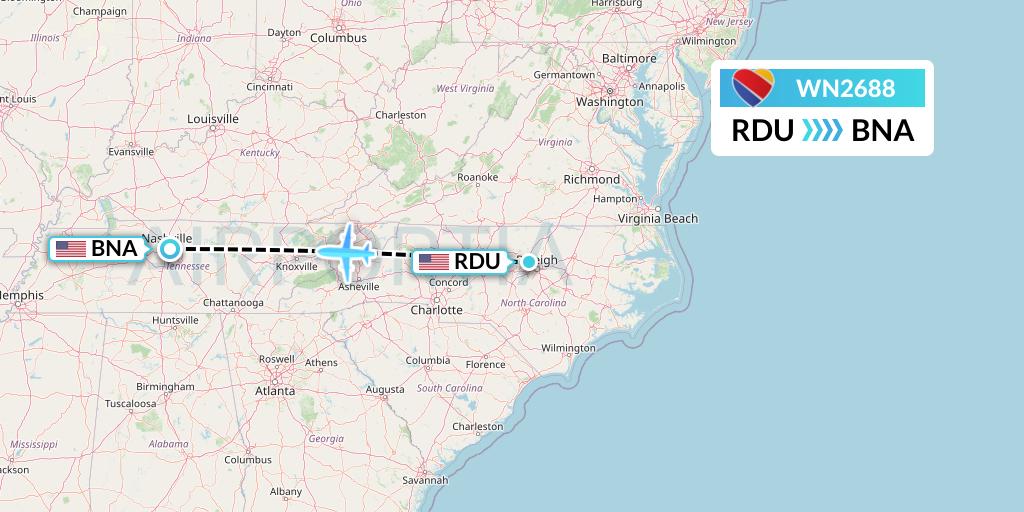 WN2688 Southwest Airlines Flight Map: Raleigh-Durham to Nashville