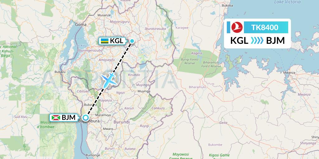 TK8400 Turkish Airlines Flight Map: Kigali to Bujumbura