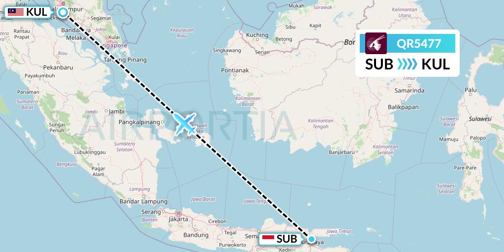 QR5477 Qatar Airways Flight Map: Surabaya to Kuala Lumpur