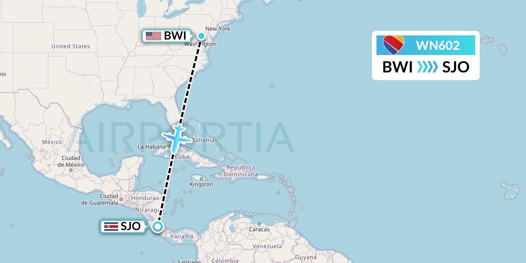 WN602 Southwest Airlines Flight Map: Baltimore to San Jose
