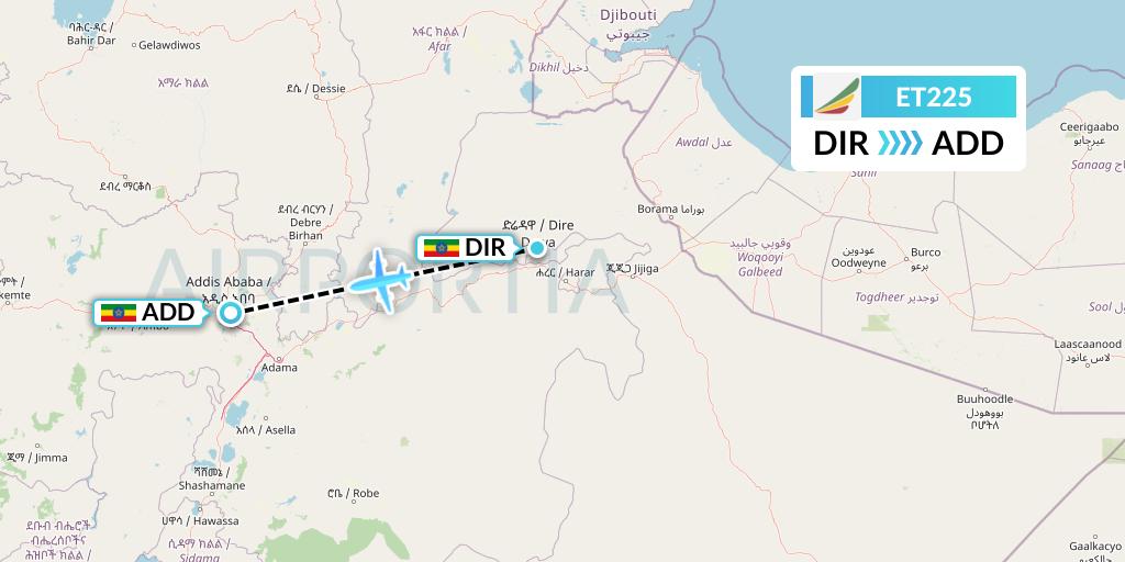 ET225 Ethiopian Airlines Flight Map: Dire Dawa to Addis Ababa