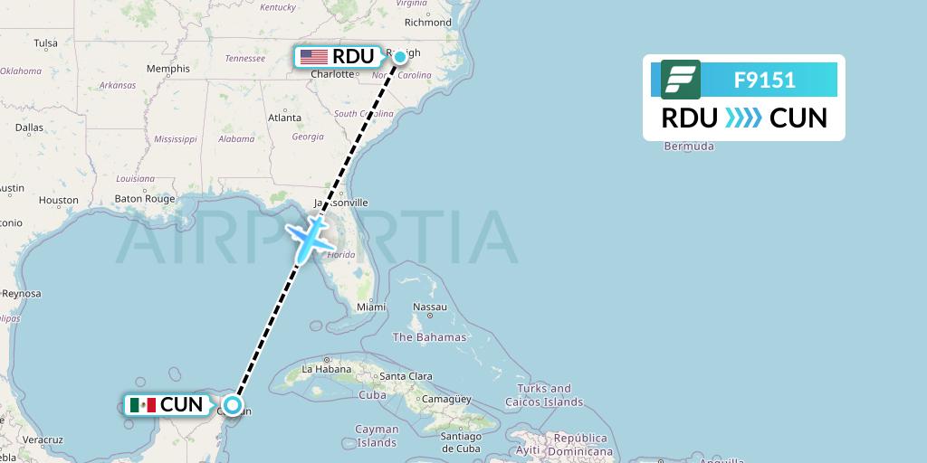 F9151 Frontier Airlines Flight Map: Raleigh-Durham to Cancun