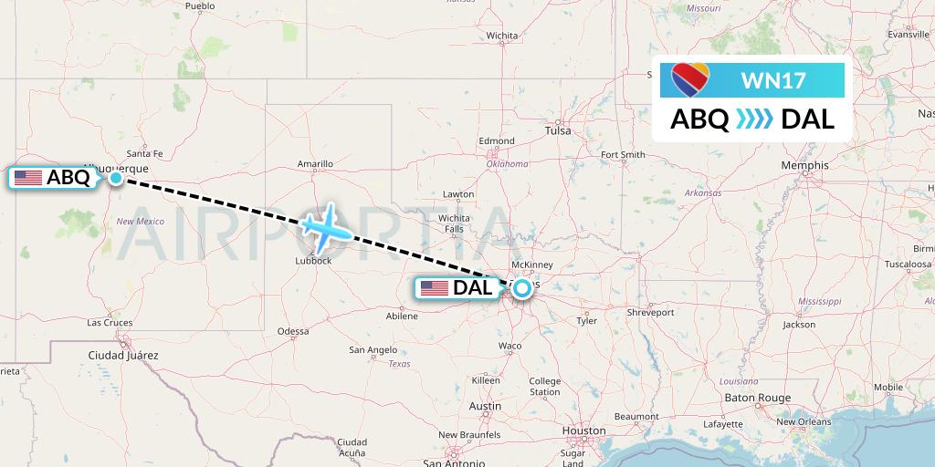 WN17 Southwest Airlines Flight Map: Albuquerque to Dallas