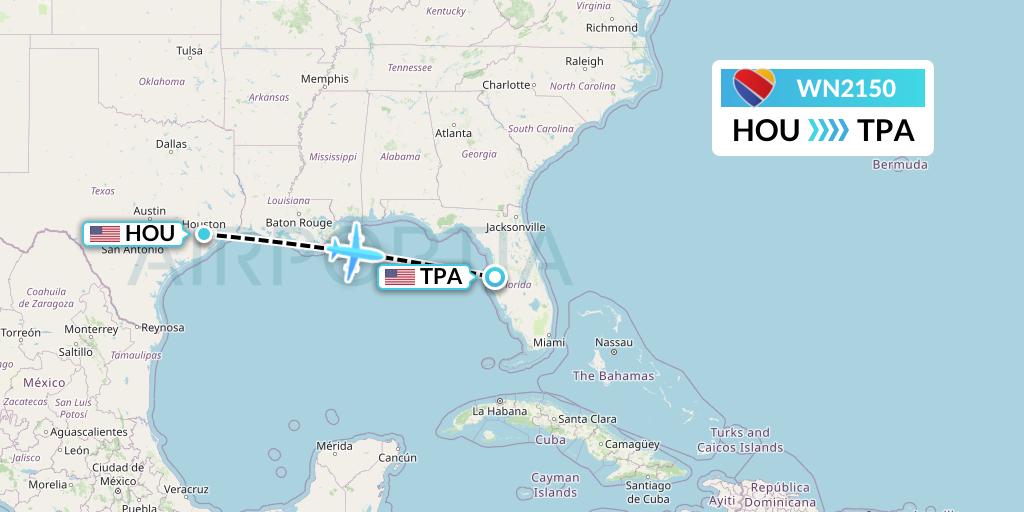 WN2150 Southwest Airlines Flight Map: Houston to Tampa