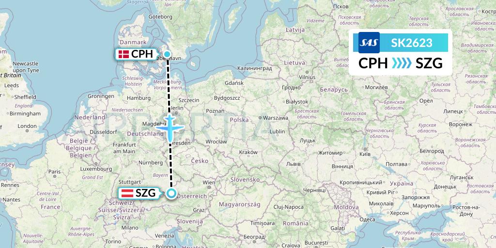 SK2623 SAS Flight Map: Copenhagen to Salzburg