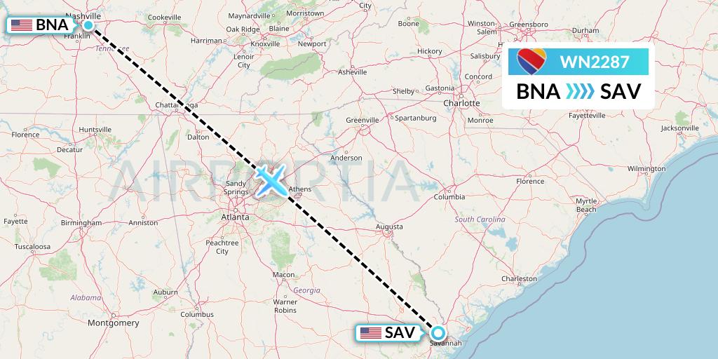 WN2287 Southwest Airlines Flight Map: Nashville to Savannah