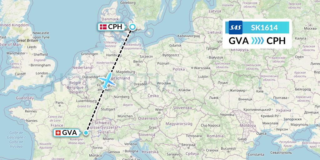 SK1614 SAS Flight Map: Geneva to Copenhagen