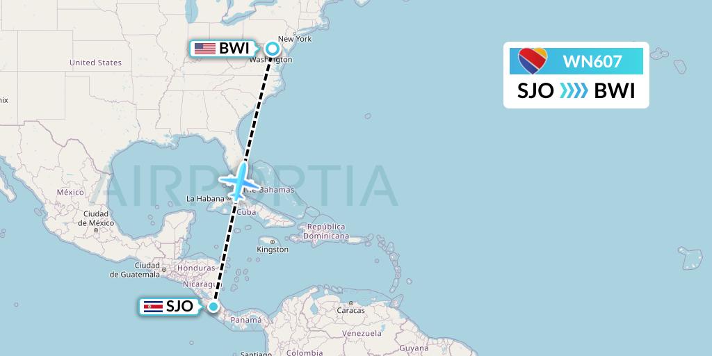 WN607 Southwest Airlines Flight Map: San Jose to Baltimore