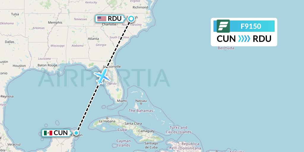 F9150 Frontier Airlines Flight Map: Cancun to Raleigh-Durham
