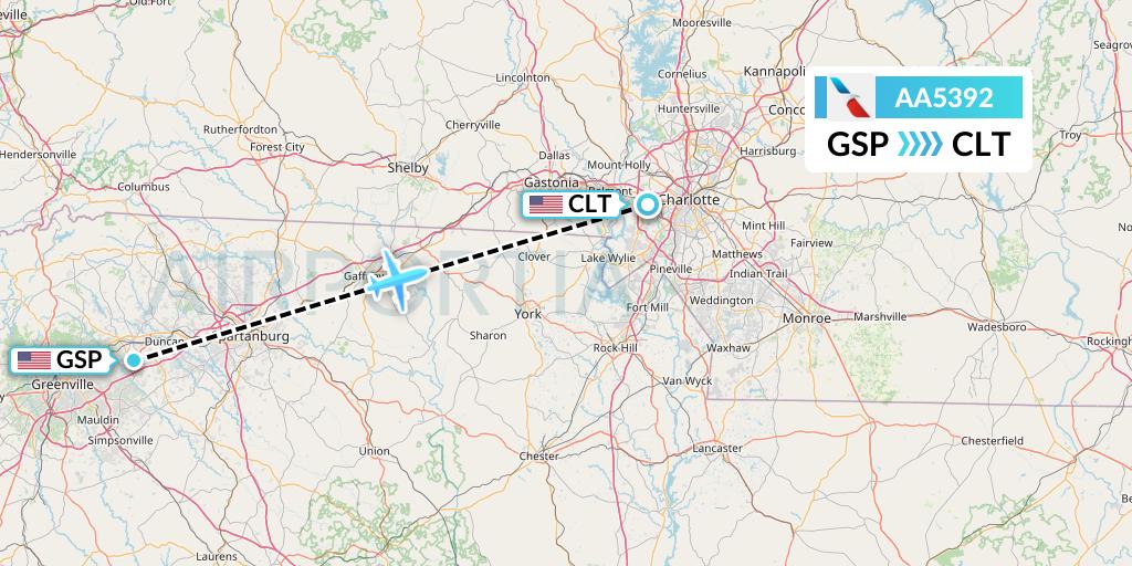 AA5392 American Airlines Flight Map: Greenville-Spartanburg to Charlotte