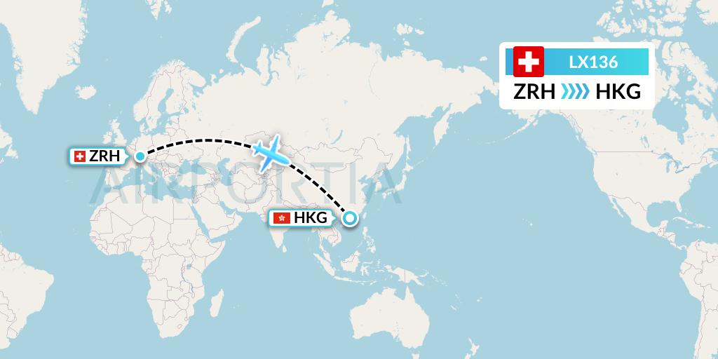LX136 Swiss Flight Map: Zurich to Hong Kong