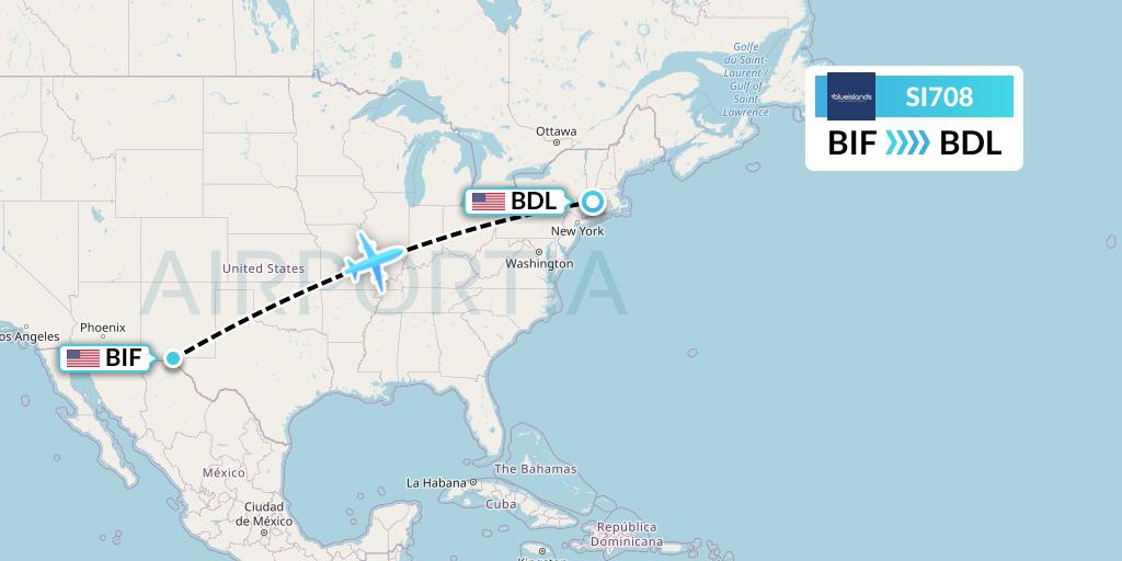 SI708 Blue Islands Flight Map: Fort Bliss-El Paso to Windsor Locks