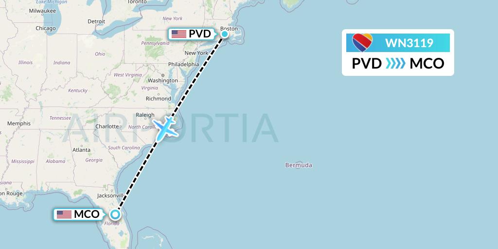 WN3119 Southwest Airlines Flight Map: Providence to Orlando