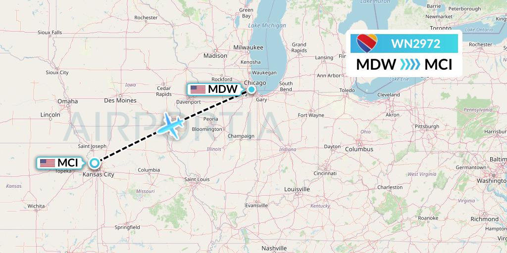 WN2972 Southwest Airlines Flight Map: Chicago to Kansas City
