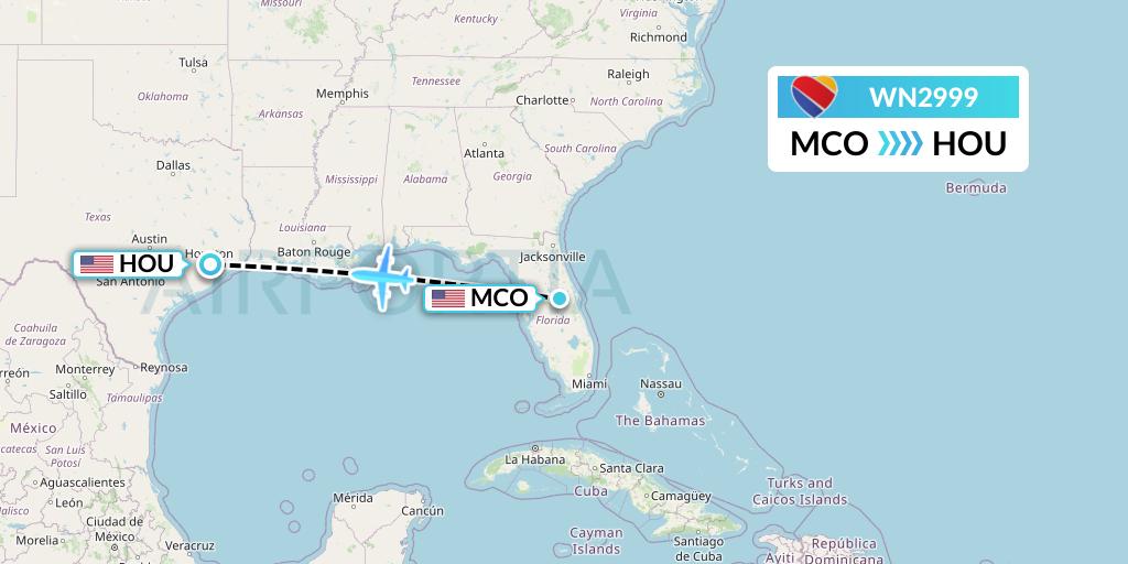 WN2999 Southwest Airlines Flight Map: Orlando to Houston