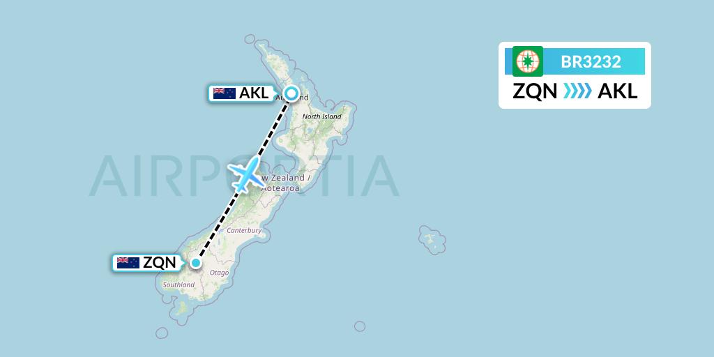 BR3232 EVA Air Flight Map: Queenstown to Auckland