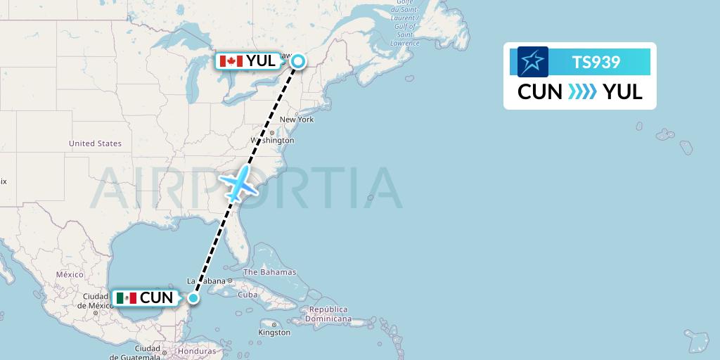 TS939 Air Transat Flight Map: Cancun to Montreal