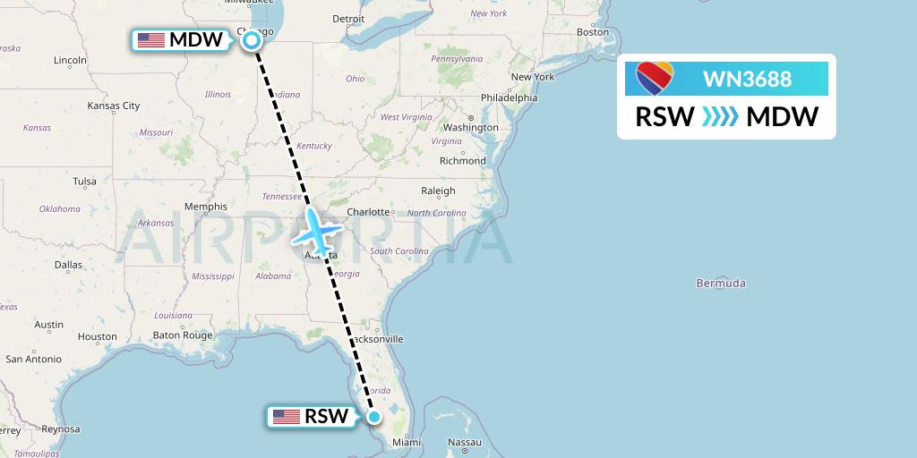 WN3688 Southwest Airlines Flight Map: Fort Myers to Chicago