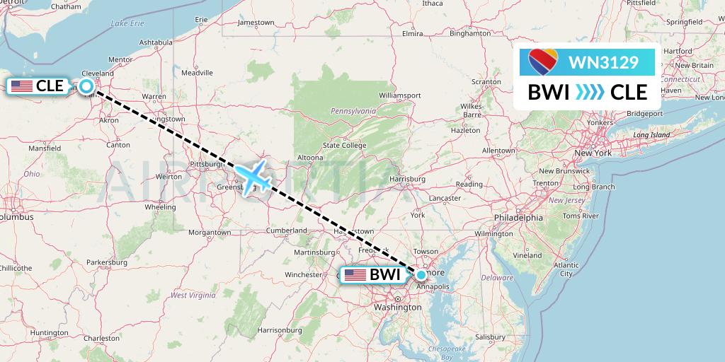 WN3129 Southwest Airlines Flight Map: Baltimore to Cleveland