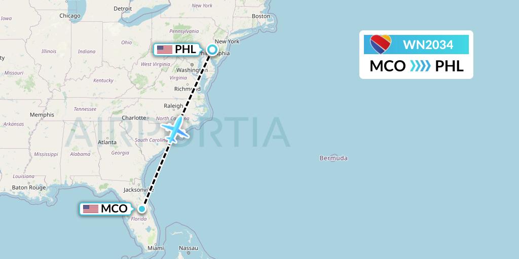 WN2034 Southwest Airlines Flight Map: Orlando to Philadelphia