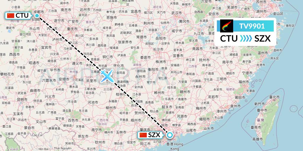 TV9901 Tibet Airlines Flight Map: Chengdu to Shenzhen