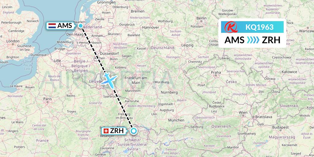 KQ1963 Kenya Airways Flight Map: Amsterdam to Zurich