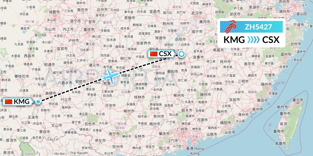 ZH5427 Shenzhen Airlines Flight Map: Kunming to Changsha