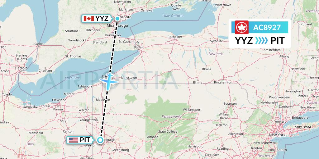 AC8927 Air Canada Flight Map: Toronto to Pittsburgh