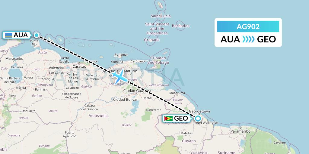 AG902 Aruba Airlines Flight Map: Oranjestad to Georgetown