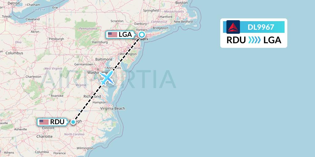 DL9967 Delta Air Lines Flight Map: Raleigh-Durham to New York