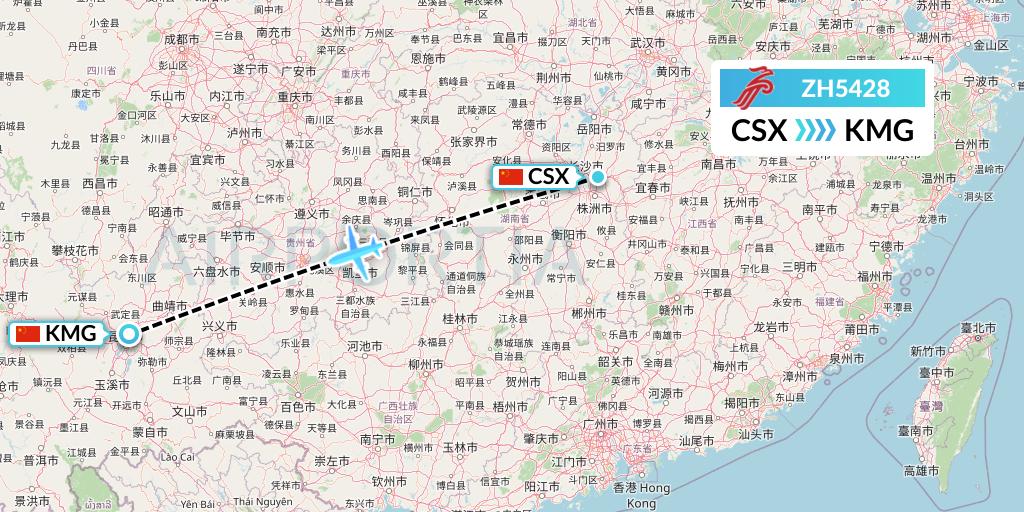 ZH5428 Shenzhen Airlines Flight Map: Changsha to Kunming