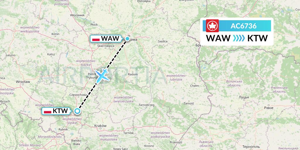 AC6736 Air Canada Flight Map: Warsaw to Katowice