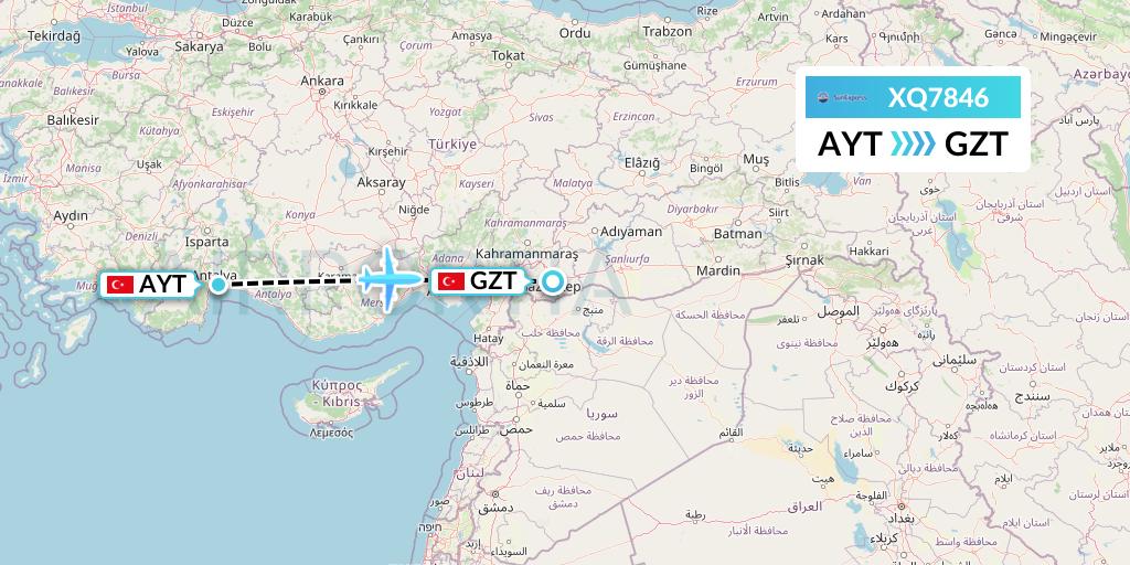 XQ7846 SunExpress Flight Map: Antalya to Gaziantep