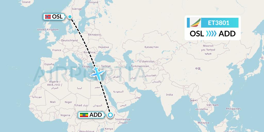 ET3801 Ethiopian Airlines Flight Map: Oslo to Addis Ababa