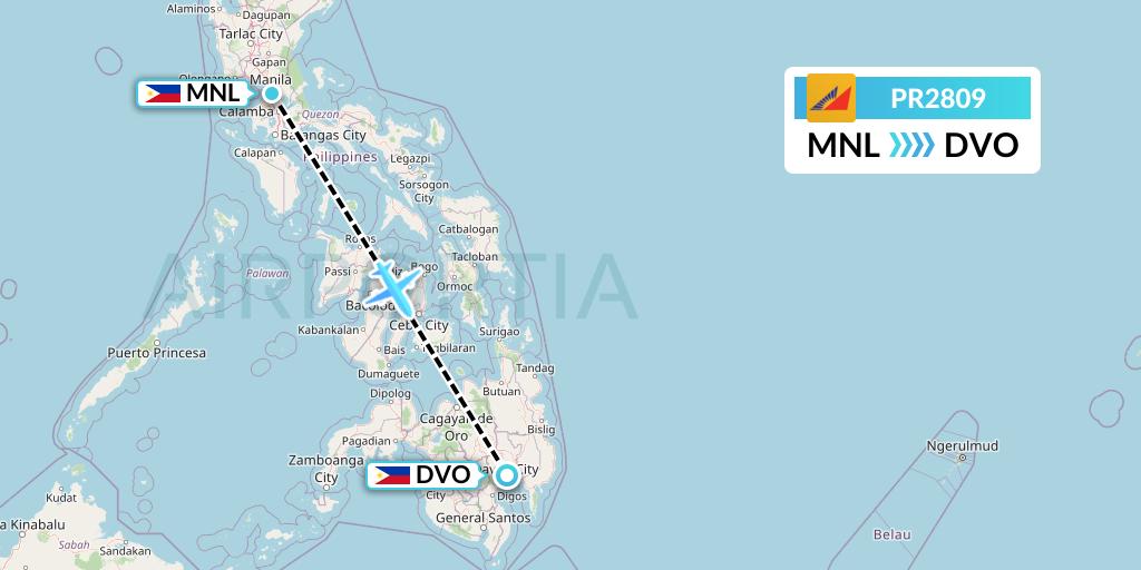 PR2809 Philippine Airlines Flight Map: Manila to Davao City