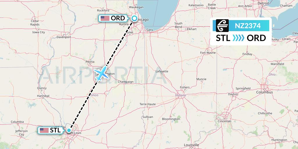NZ2374 Air New Zealand Flight Map: St. Louis to Chicago