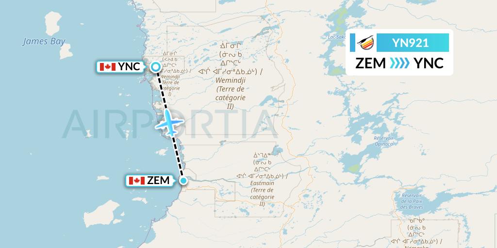 YN921 Air Creebec Flight Map: Eastmain River to Wemindji