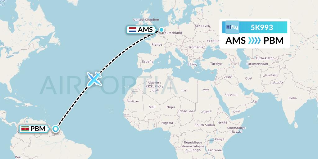 5K993 Hi Fly Flight Map: Amsterdam to Paramaribo