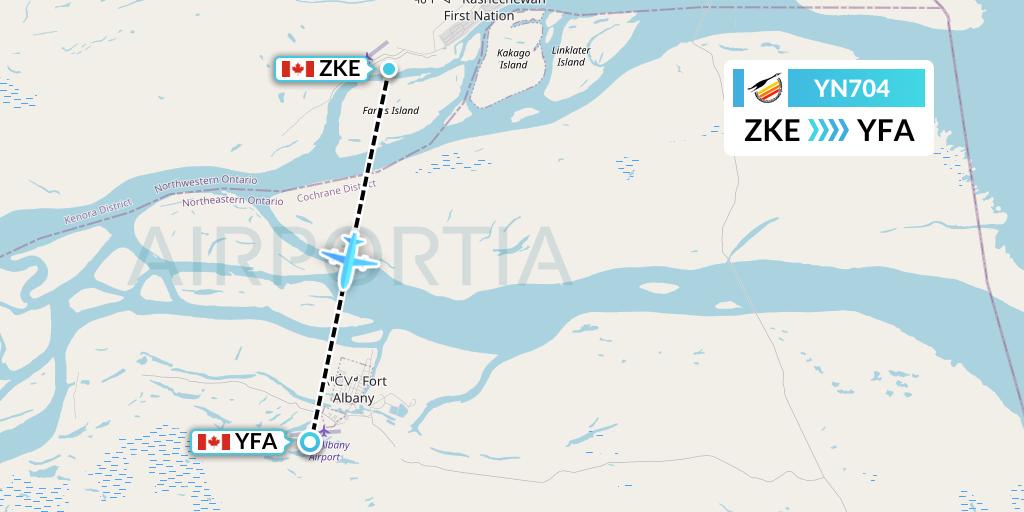 YN704 Air Creebec Flight Map: Kashechewan to Fort Albany