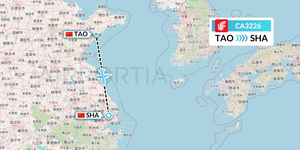 CA3226 Air China Flight Map: Qingdao to Shanghai