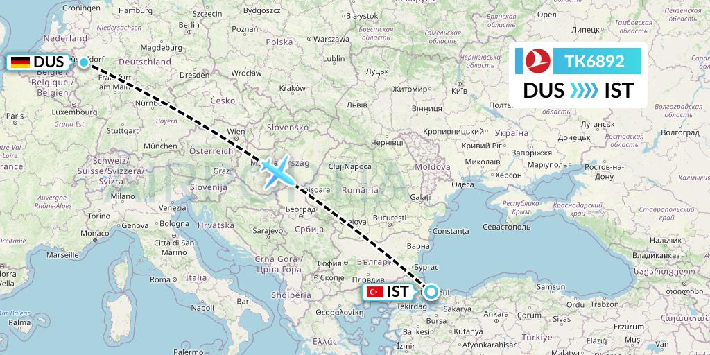 TK6892 Turkish Airlines Flight Map: Dusseldorf to Istanbul