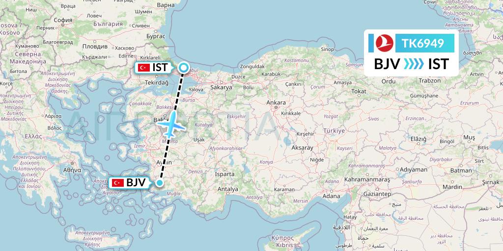 TK6949 Turkish Airlines Flight Map: Bodrum to Istanbul