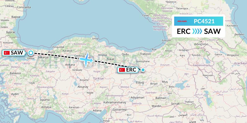 PC4521 Pegasus Airlines Flight Map: Erzincan to Istanbul
