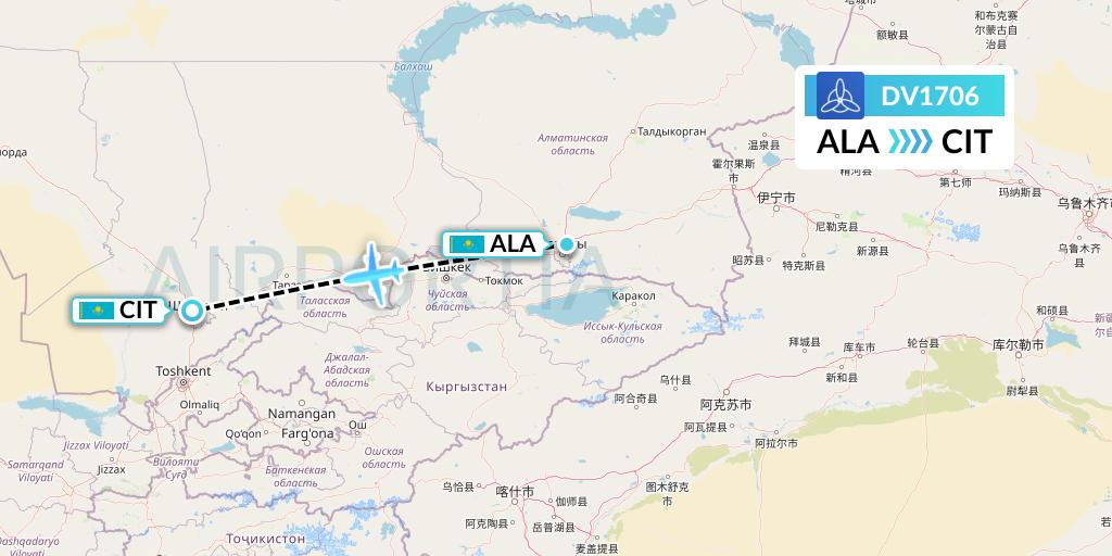 DV1706 SCAT Flight Map: Almaty to Shymkent