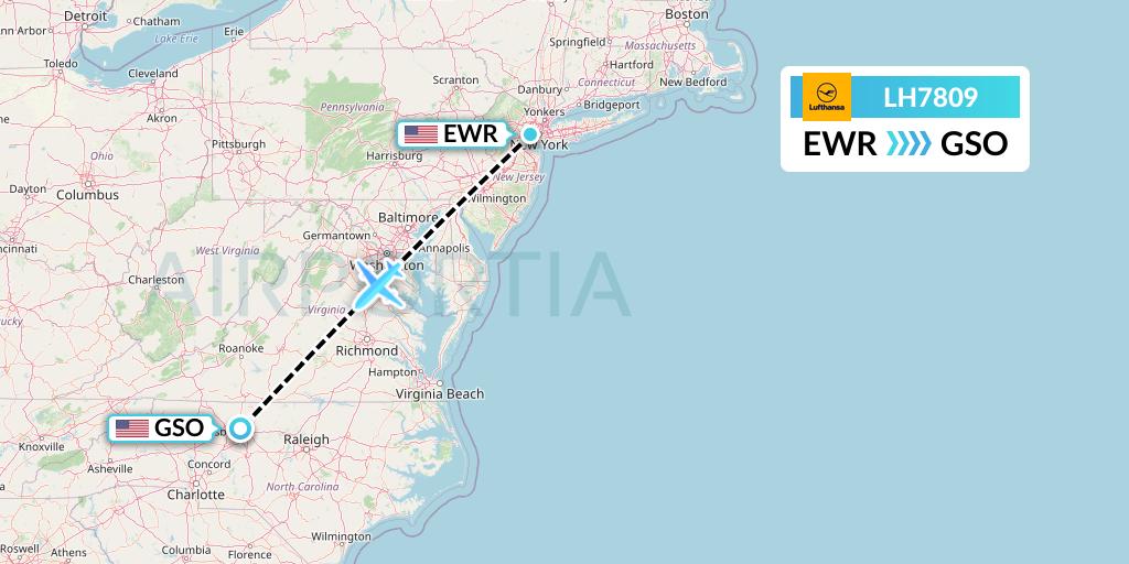 LH7809 Lufthansa Flight Map: New York to Greensboro